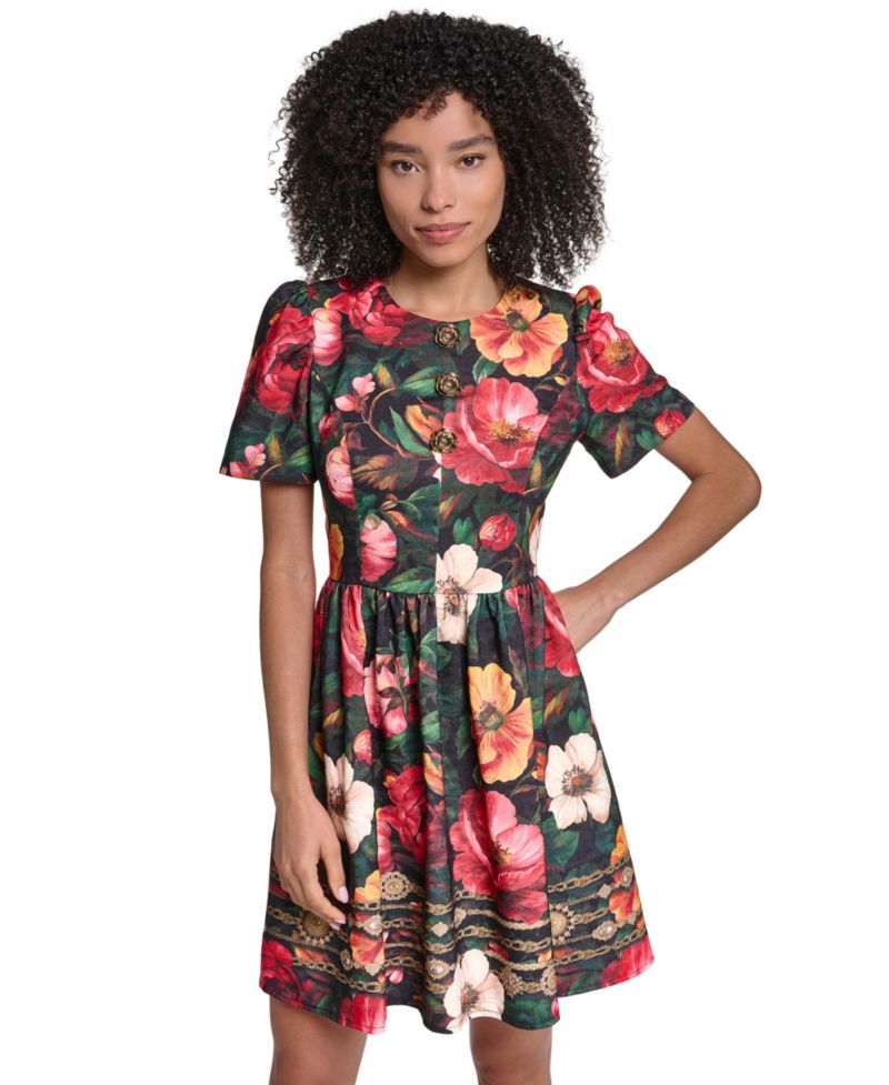 Women's Print Damask Jaquard Fit And Flare Midi Dress