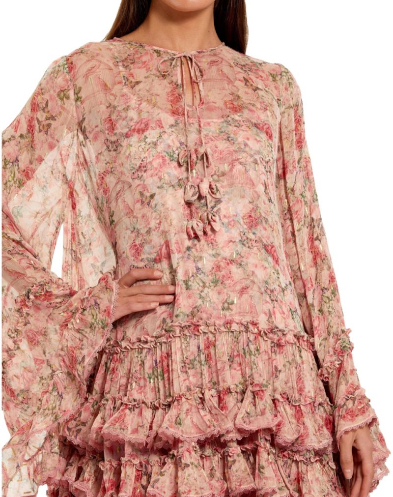 Women's Floral Long Sleeve Ruffle Viscose Mini Dress