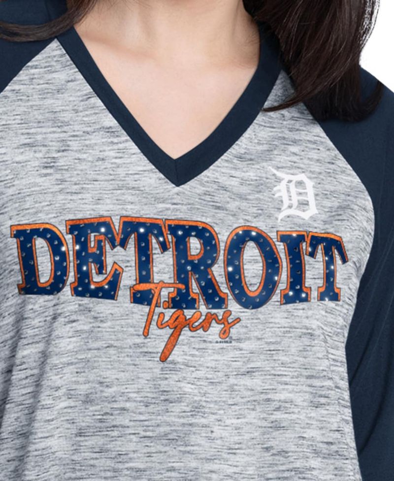 Women's Navy/Heather Navy Detroit Tigers Speed Training 3/4-Sleeve Rhinestone V-Neck T-Shirt