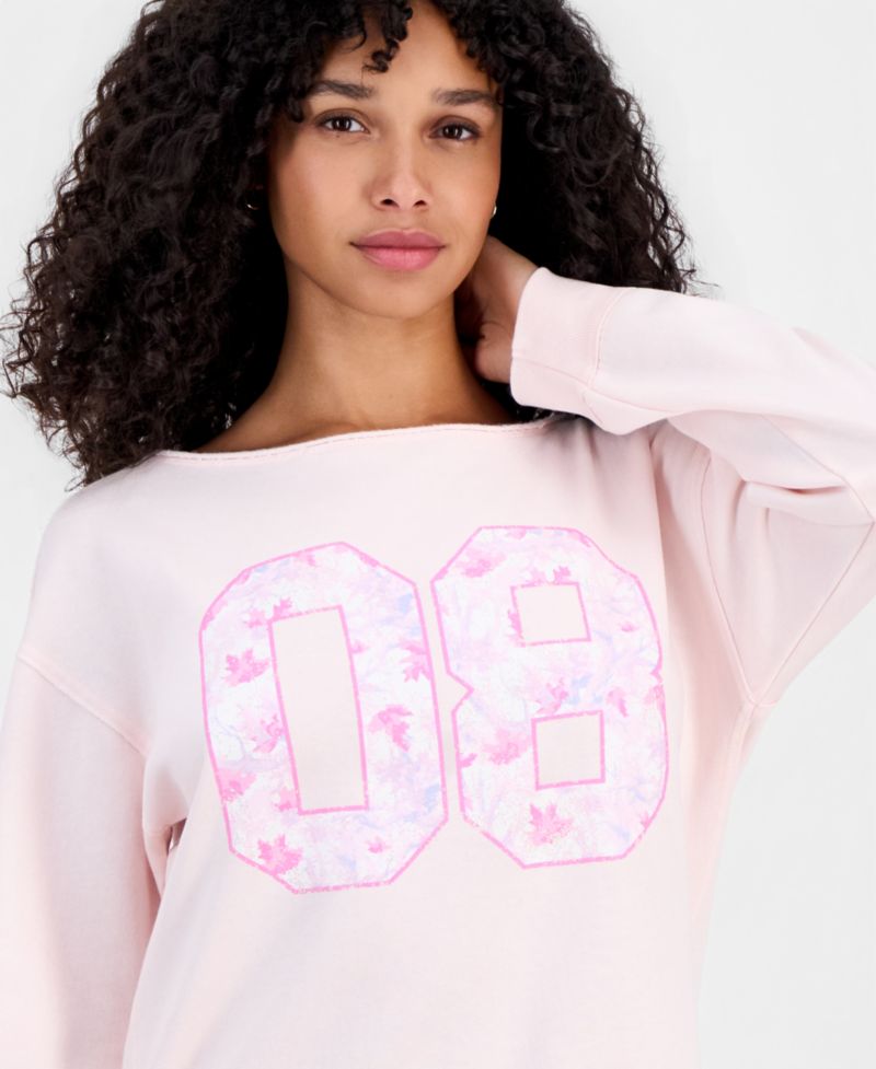 Juniors' 89 Camo Off-the-Shoulder Mineral Wash Boat Neck Sweatshirt