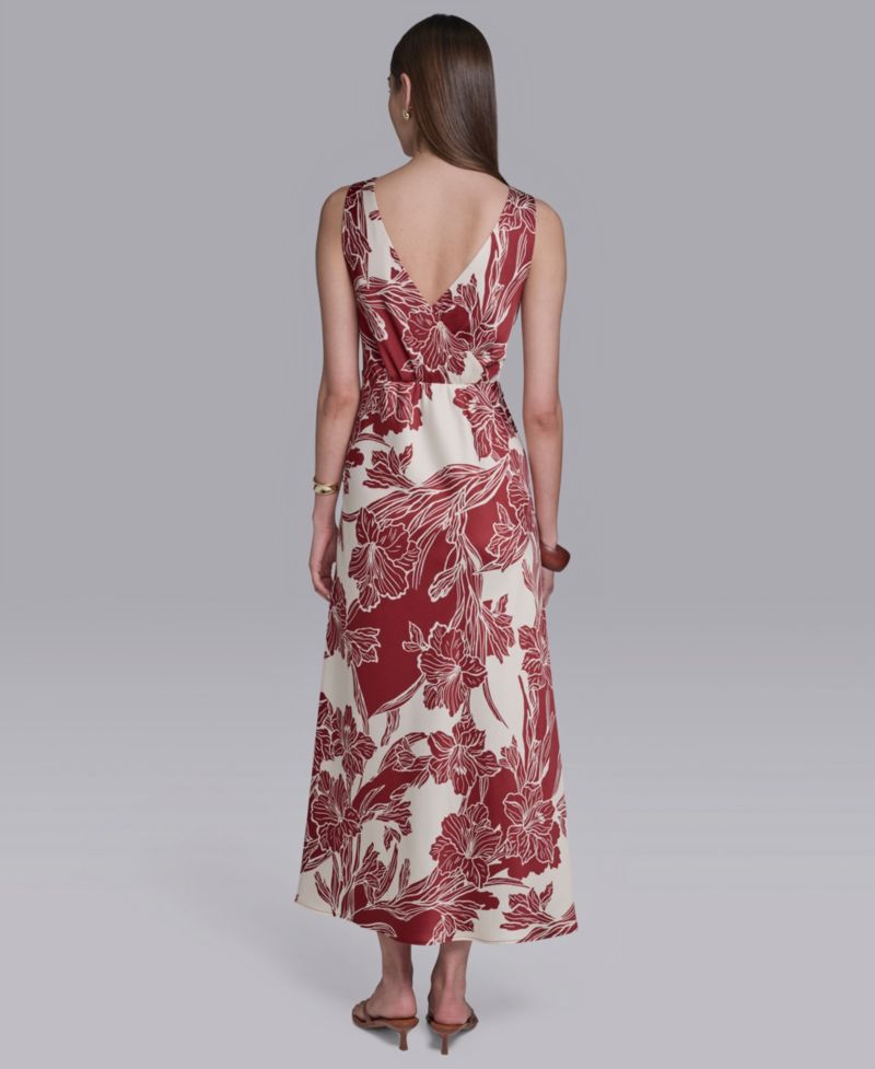 Women's Sleeveless Hibiscus Printed V-Neck Maxi Dress