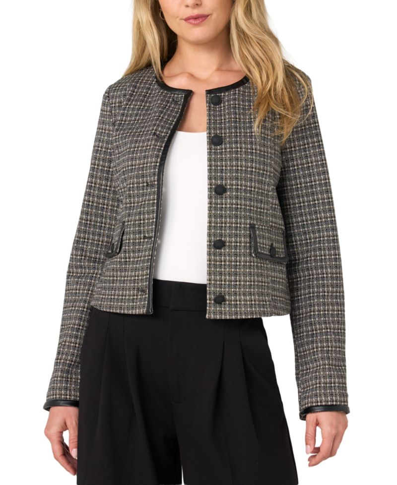 Petite Cropped Collarless Plaid Blazer