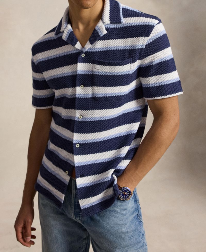 Men's Striped Herringbone Camp Shirt