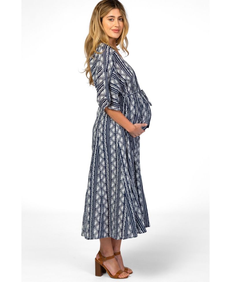 Women's Navy Printed V-Neck Midi Dress