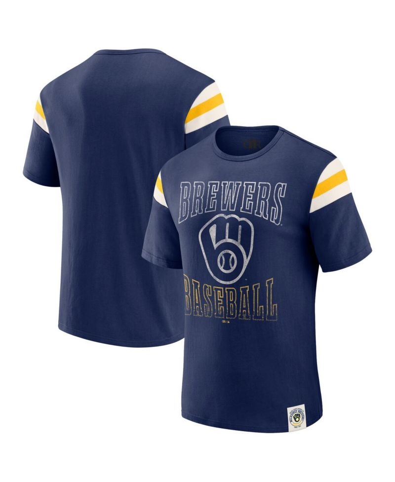 Darius Rucker Collection by Men's Navy Milwaukee Brewers Distressed Sleeve Stripe T-Shirt