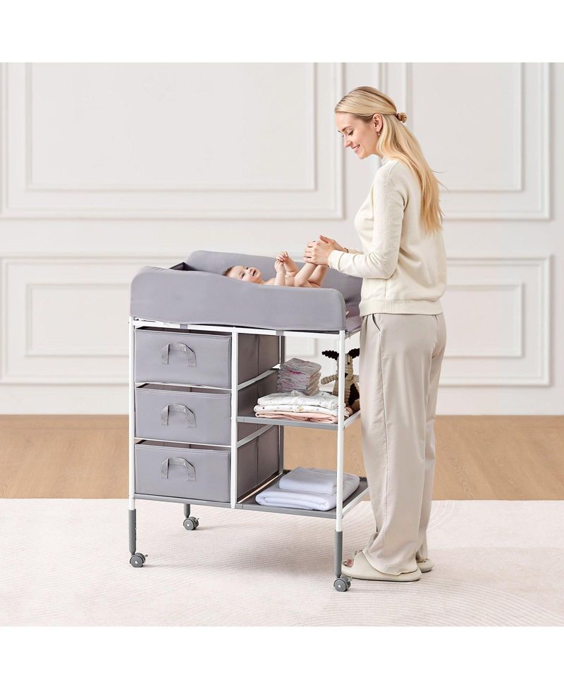 Portable Baby Changing Table with 3 Drawers and Wheels, Diaper Change Station
