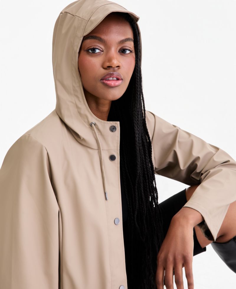 Women's Tie-Waist Snap-Front Hooded Rain Coat