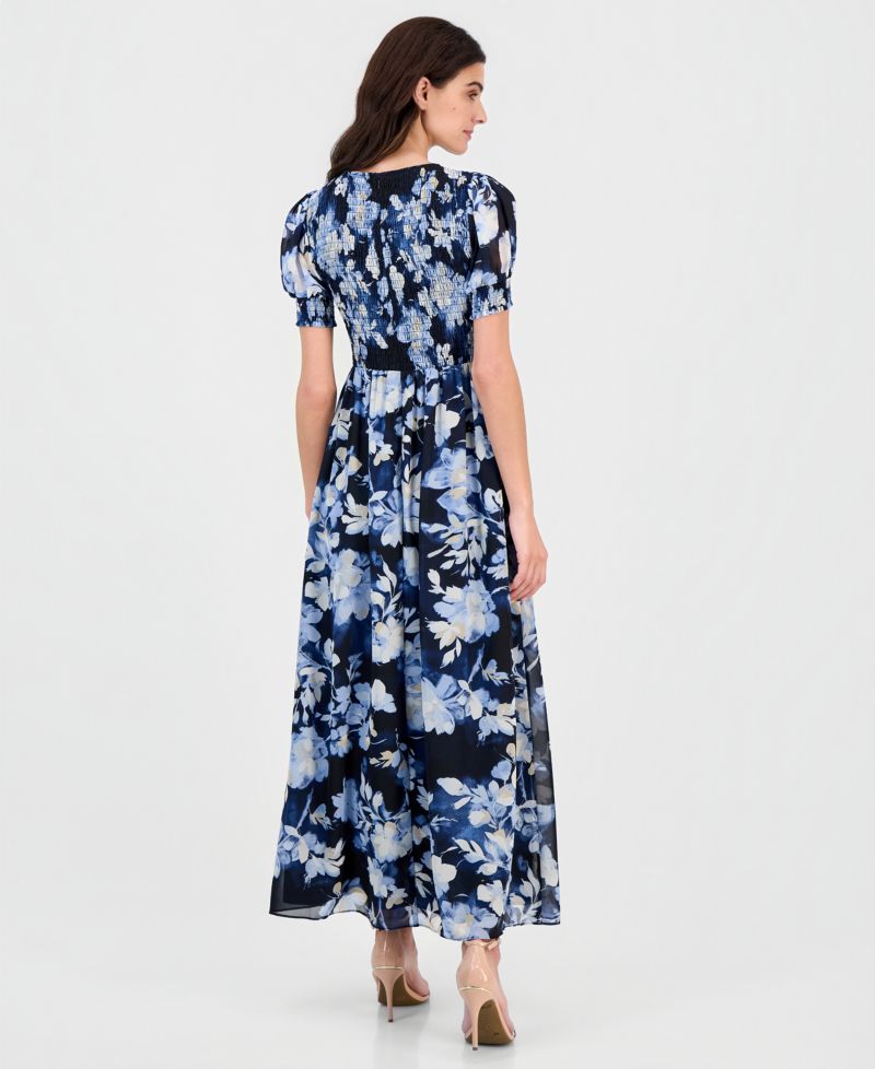 Women's Printed Puff-Sleeve Smocked Maxi Dress