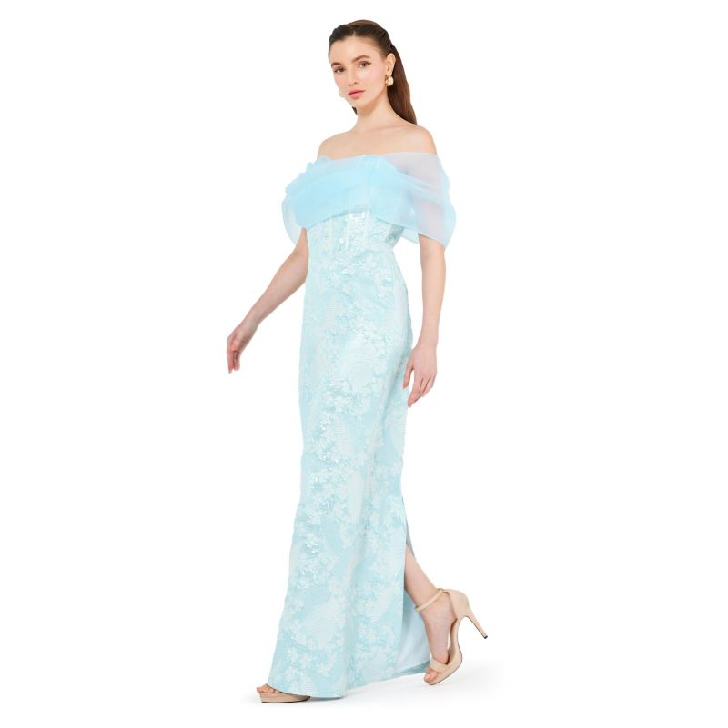 Women's Off-The-Shoulder Corset Detail Brocade Gown