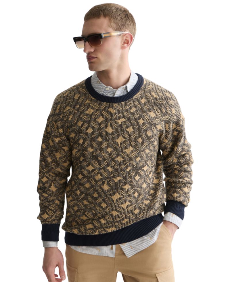 Men's Jacquard Wool-Blend Dropped Shoulder Crewneck Sweater