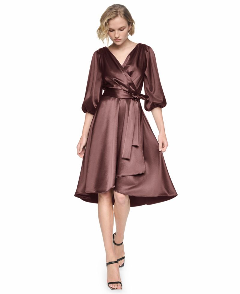 Women's Balloon-Sleeve Satin Faux-Wrap Dress
