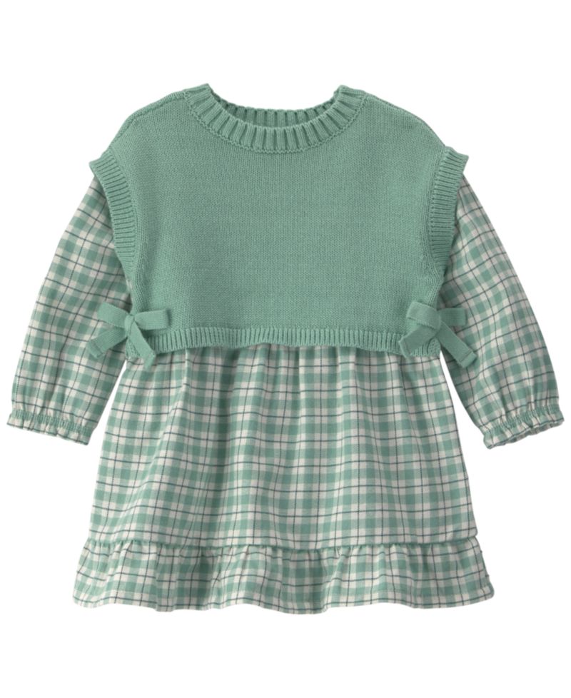 Baby Girls' Checkered Flannel Long-Sleeve Dress and Vest with Matching Bloomers