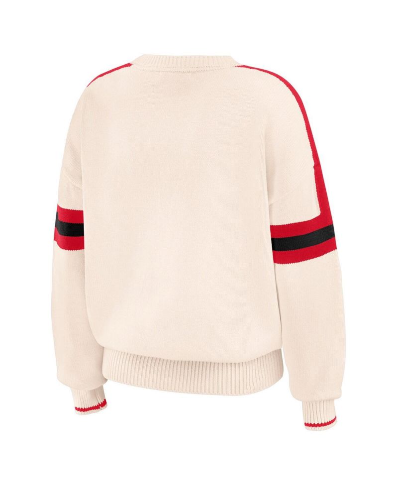 Women's Cream Nebraska Huskers Chenille Woven Patch Stripe Pullover Sweatshirt