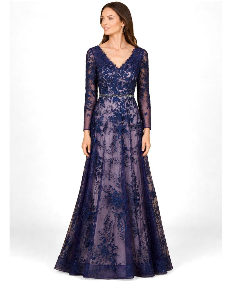Women's Long Sleeve V-Neck Lace Gown with Beaded Belt