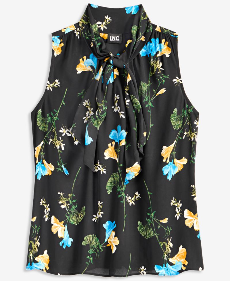 Women's Sleeveless Floral-Print Ruffle Front Blouse