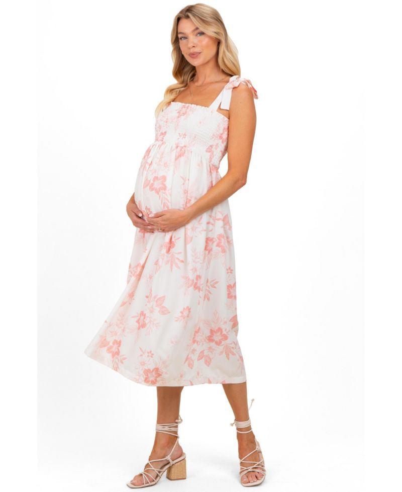 Women's Peach Floral Smocked Midi Dress
