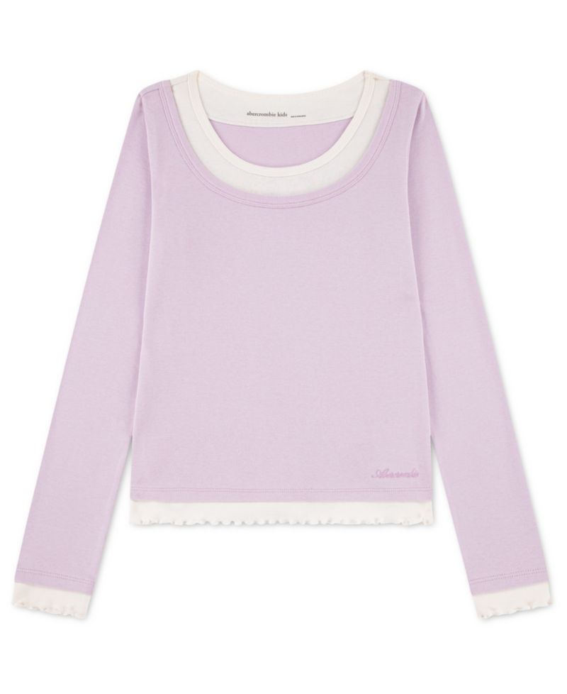 Girls' 5-16 Twofer Layered Long-Sleeve Ruffled Scoop Neck T-Shirt