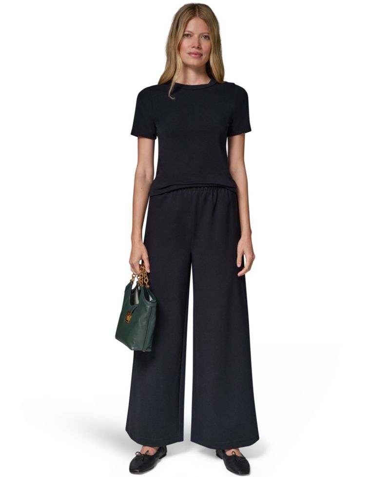 Women's Double-Knit Mid Rise Wide Leg Pull-On Pants