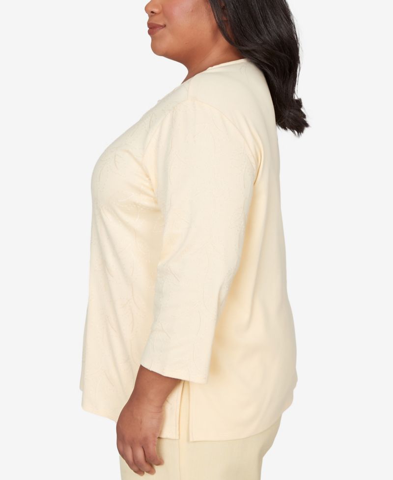 Plus Size Al Fresco Asymmetrical Floral Embroidered Textured Top