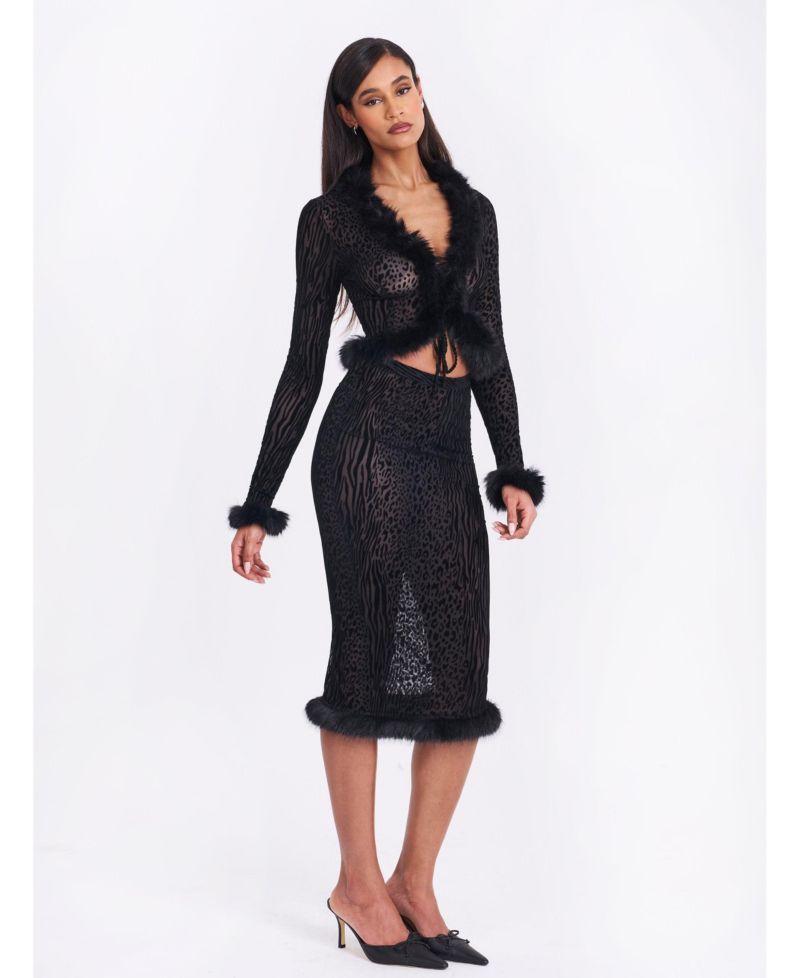 Women's Halia Black Animal Print Burnout Velvet Faux Fur Trim Skirt