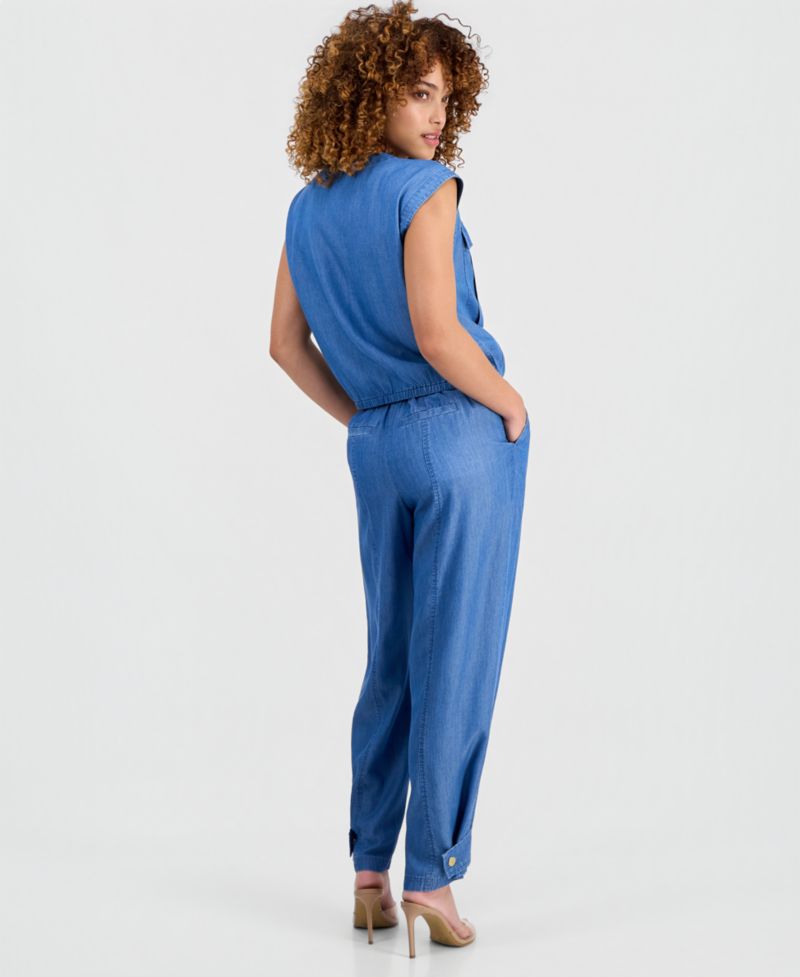 Petite Chambray Drop-Shoulder Top & High-Rise Belted Tapered Pants