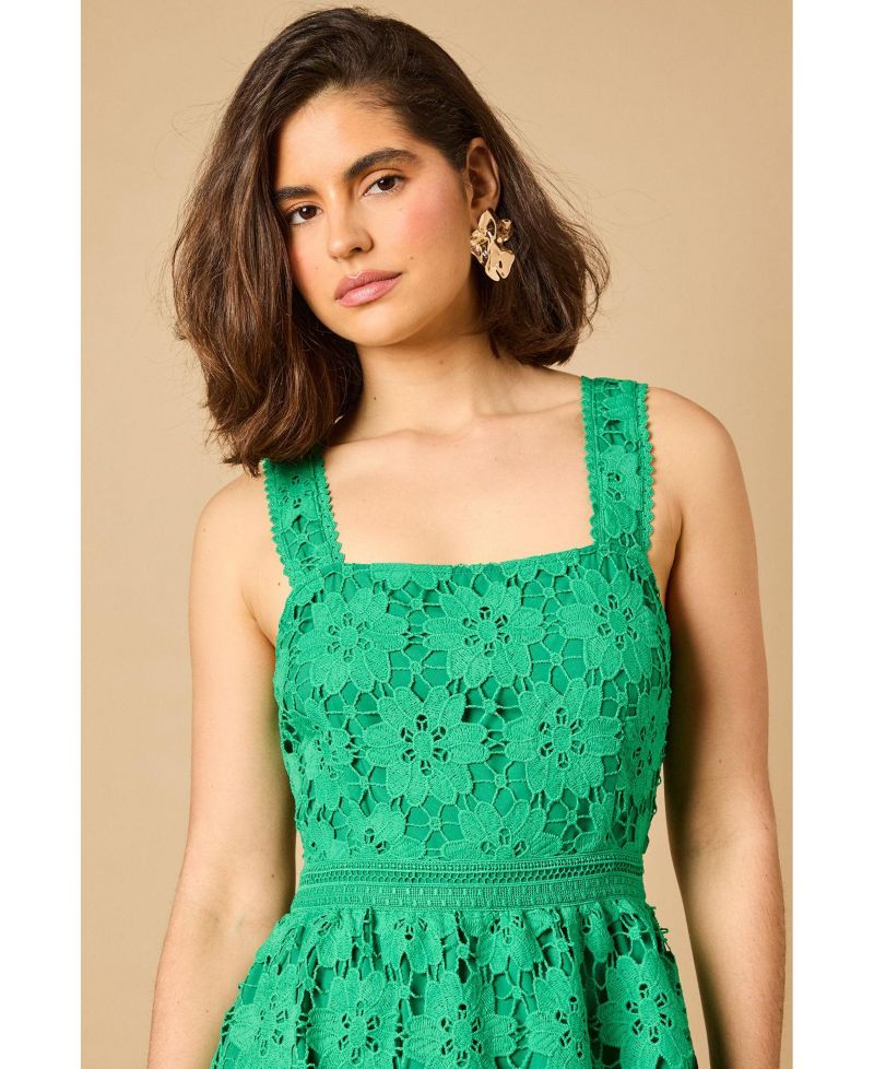Women's Floral Lace Square Neck Midi Dress