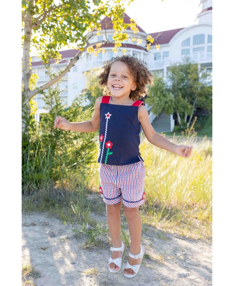 Big Girls Plaid Seersucker Shorts With Ric Rac and Flowers