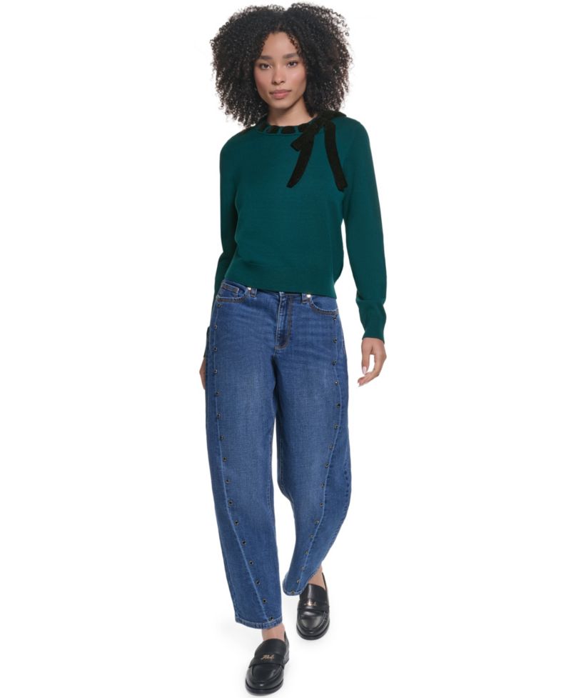 Petite Bow Crewneck Long-Sleeve Sweater