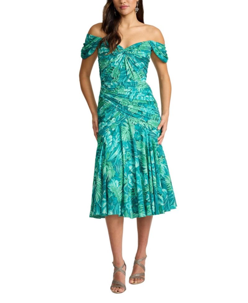 Women's Cabbie Foliage-Print Off-the-Shoulder Sweetheart Midi Dress