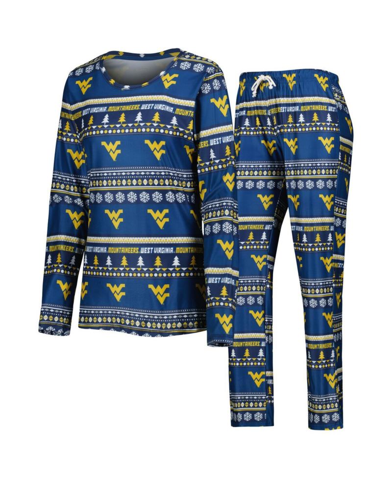 Women's 2-Piece Navy West Virginia Mountaineers Holiday Long Sleeve Top and Pants Sleep Set
