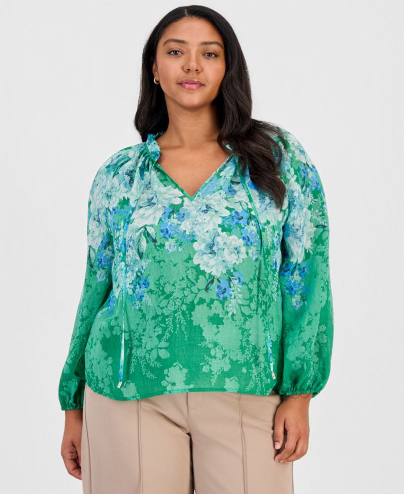 ASL Plus Size Long-Sleeve Floral Bow Blouse