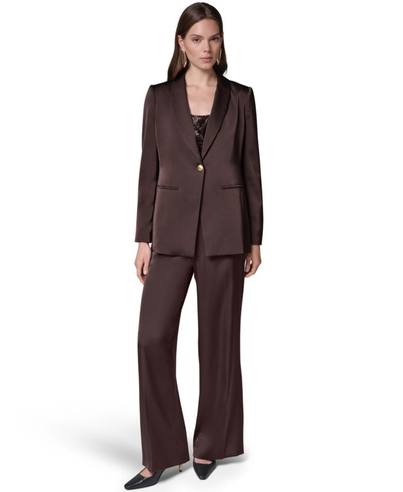 Petite Satin Shawl Lapel Shoulder-Padded Blazer