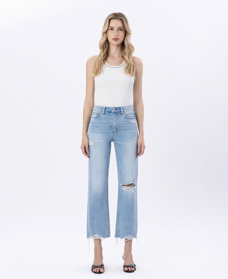 Women's High Rise Distressed Crop Slim Wide Leg Jeans