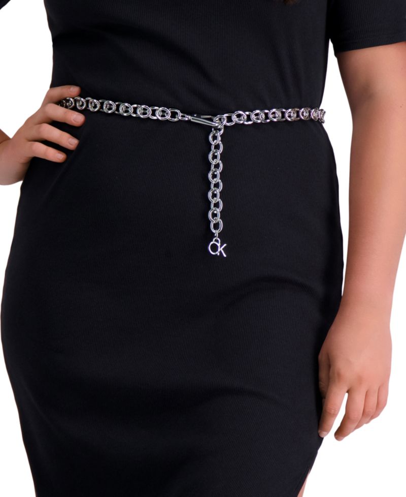 Women's Silver-Tone Chain Belt with Hanging Logo Charm