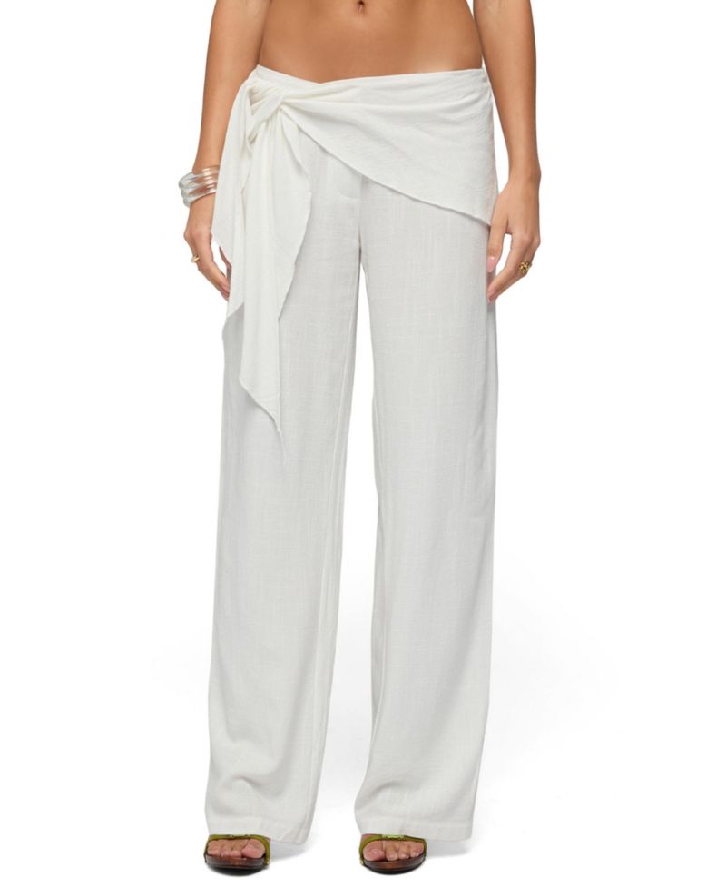 Women's Suki Sarong Belt Low-Rise Wide-Leg Cotton-Linen Blend Pants