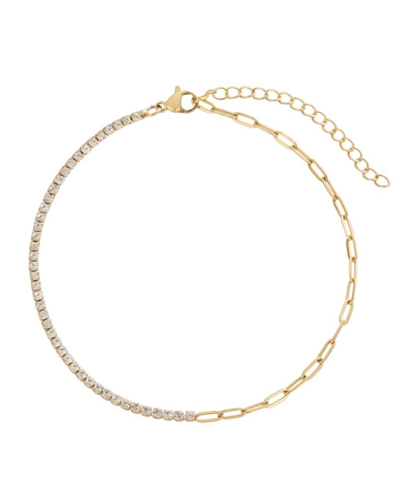 Tarnish Resistant Gold Half Tennis and Paperclip Chain Anklet