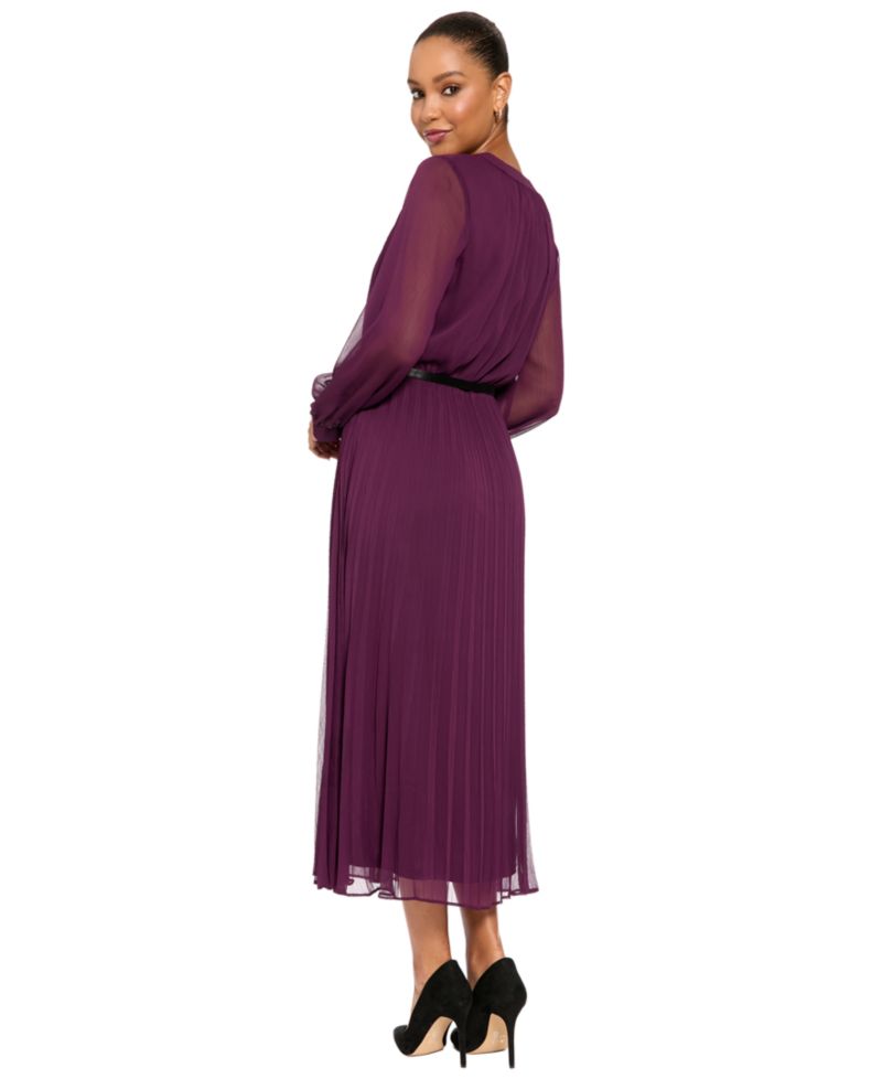 Women's Tea Pleated Chiffon Midi Long-Sleeve Dress