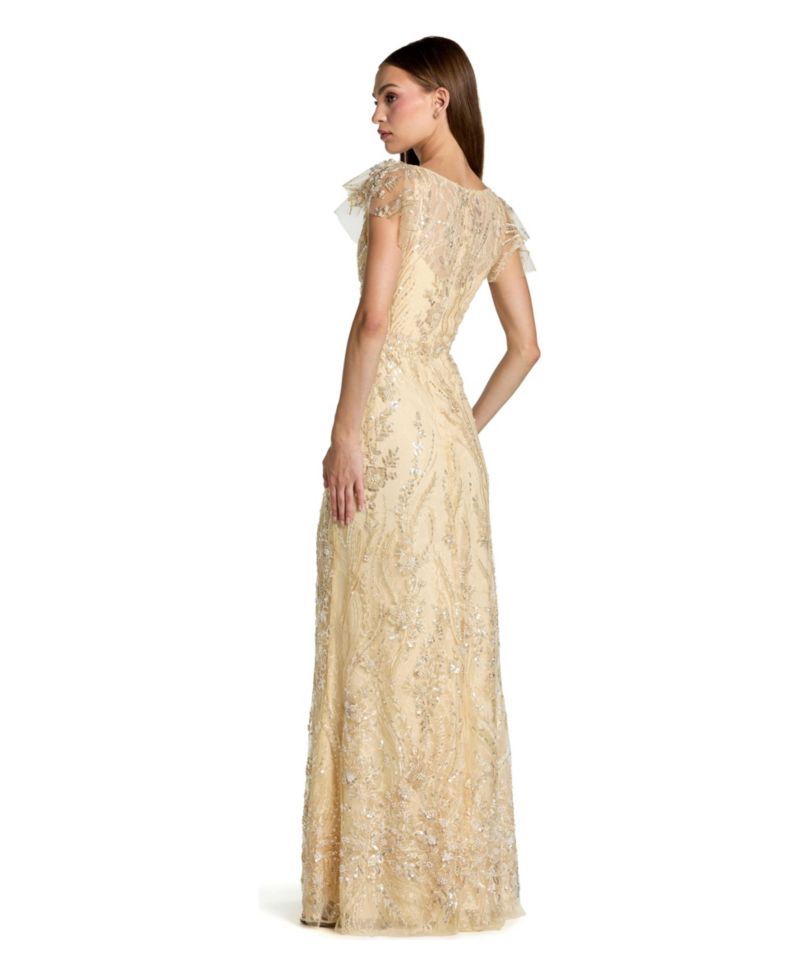 Petite V Neck Flutter Sleeve Floral Embroidered Gown