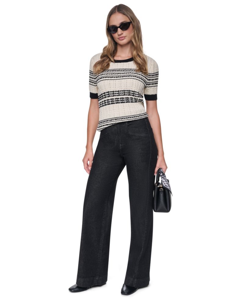 Women's Short-Sleeve Striped Crewneck Cotton Sweater