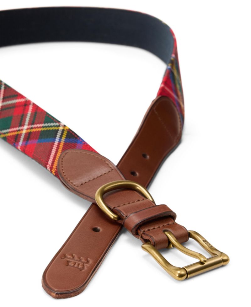 Leather-Trim Tartan Wool Belt