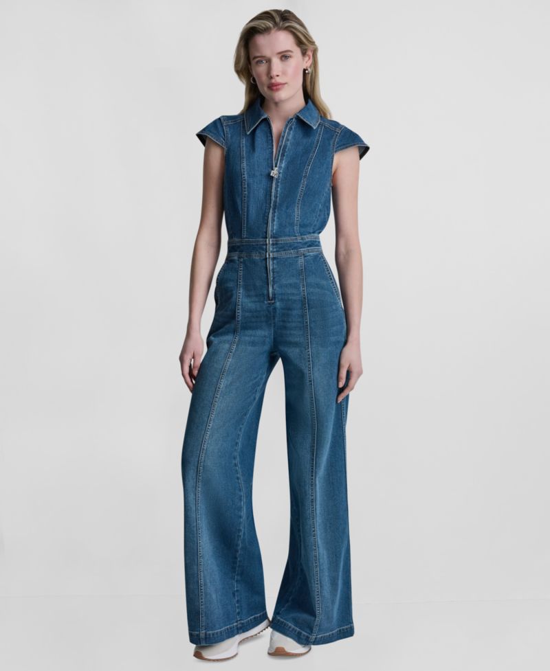 Women's Wide-Leg Cap-Sleeve Denim Jumpsuit