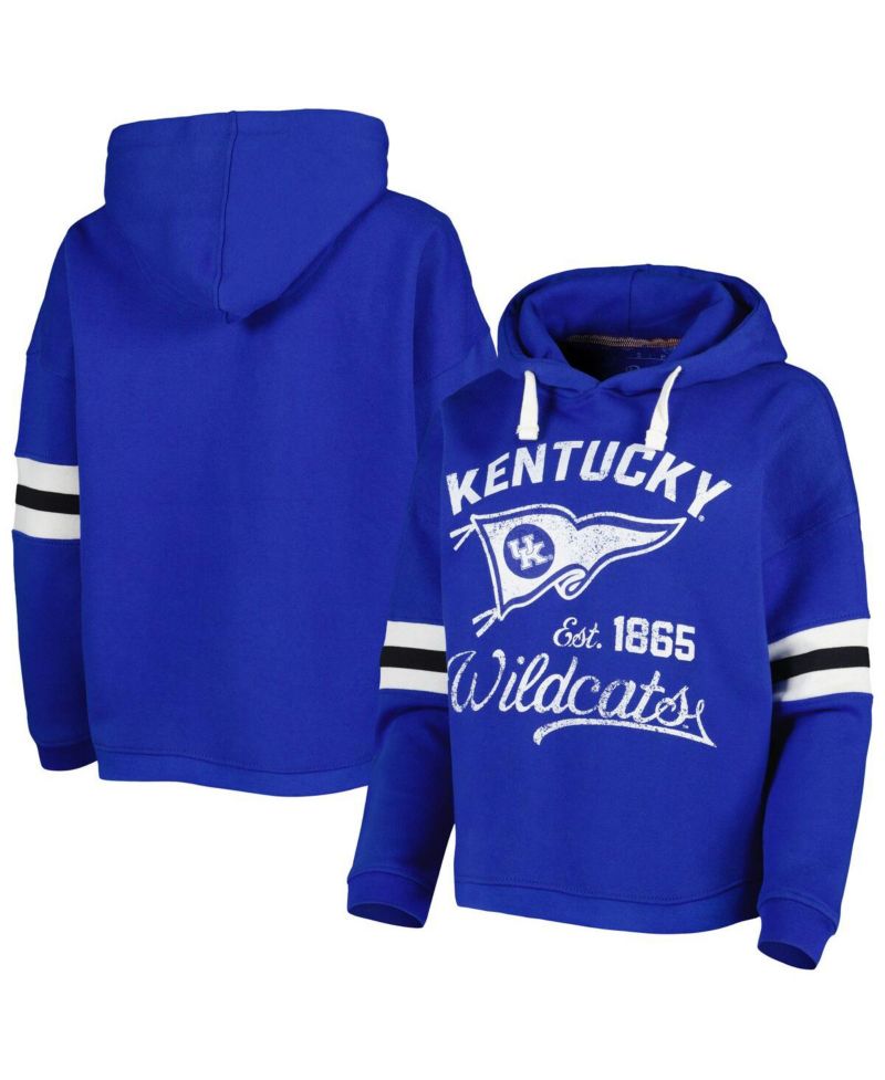 Women's Royal Distressed Kentucky Wildcats Super Pennant Pullover Hoodie