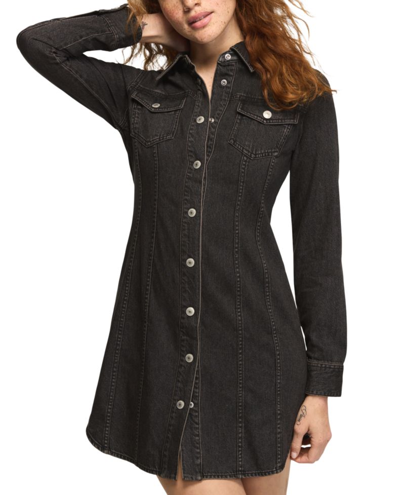 Women's Long-Sleeve Mini Denim Shirt Dress