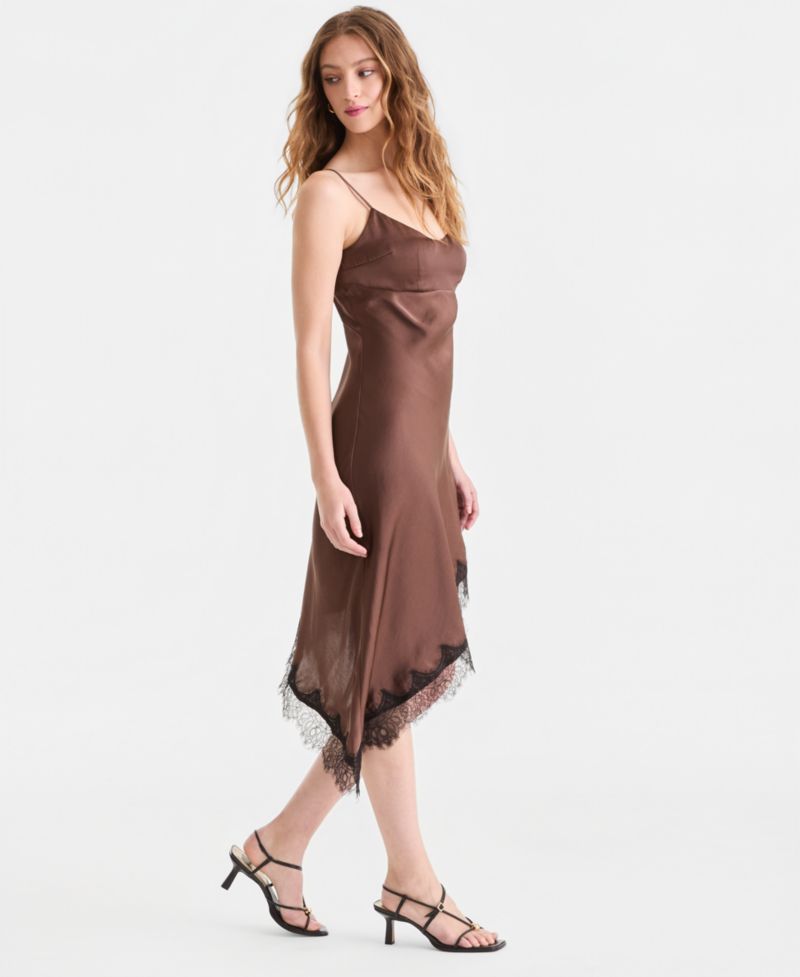 Women's Satin Lace-Trim Asymmetric-Hem Dress