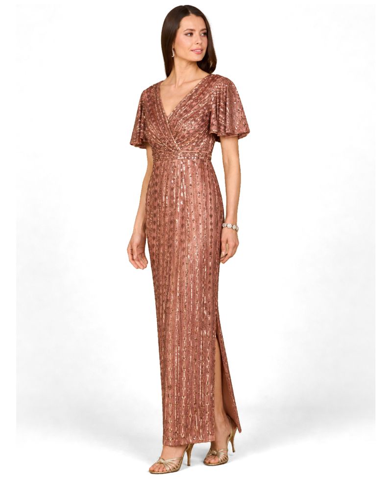 Women's Fully Beaded Gown with Flutter Sleeves