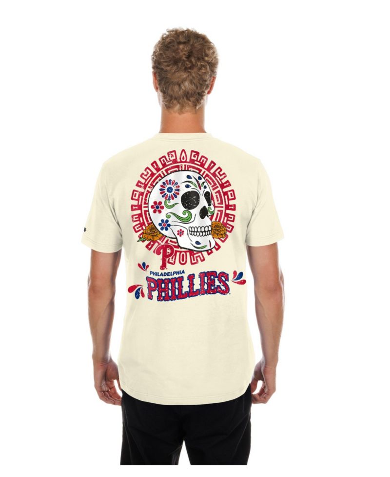 Men's Natural Philadelphia Phillies Dia de los Muertos Sugar Skull T-Shirt