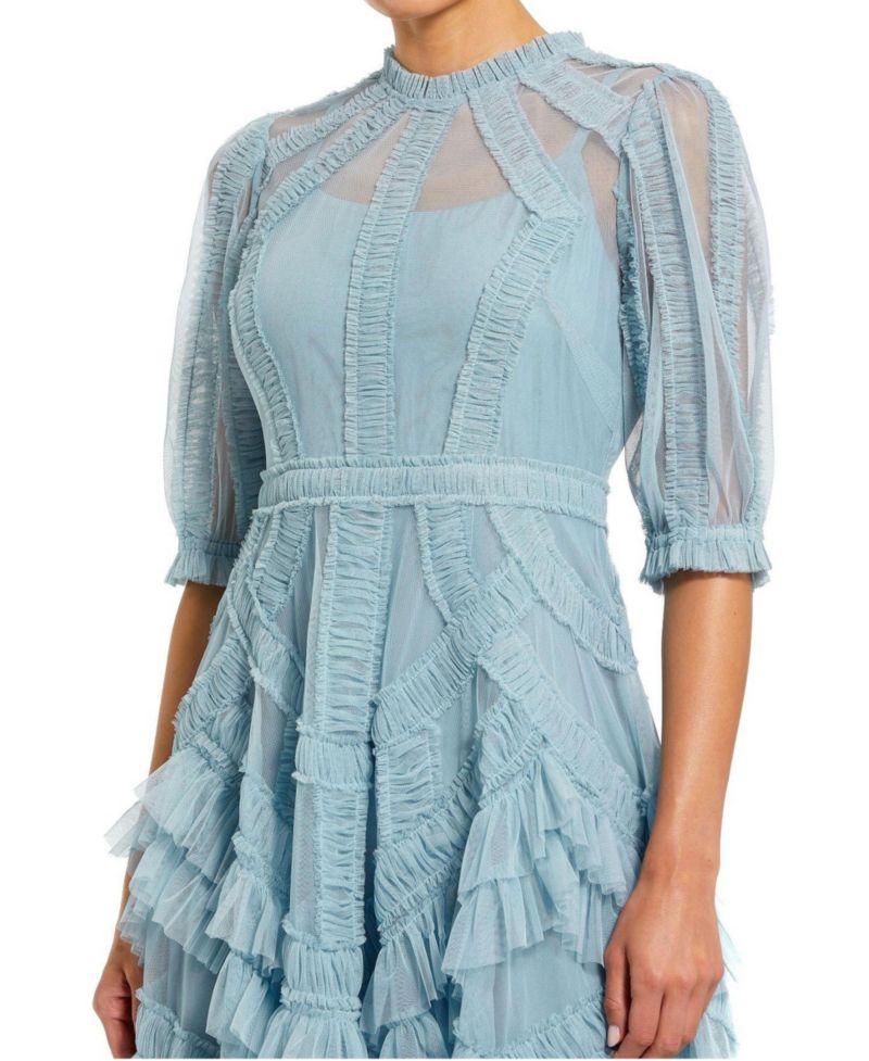 Petite Illusion High Neck Tiered Ruffle A-Line Midi Dress