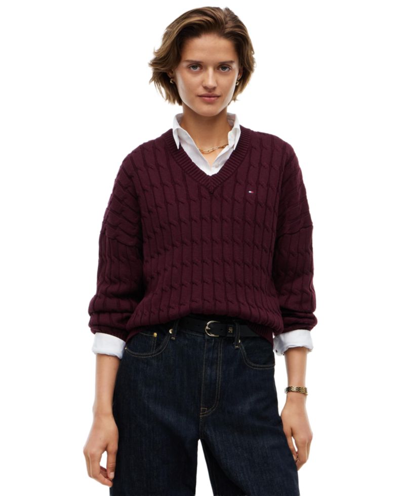 Women's Cable-Knit V-Neck Long-Sleeve Sweater
