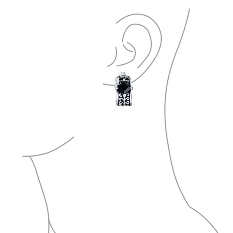 Bali Style Black Crystal Scroll Half Hoop Clip-On Earrings Silver Oxidized