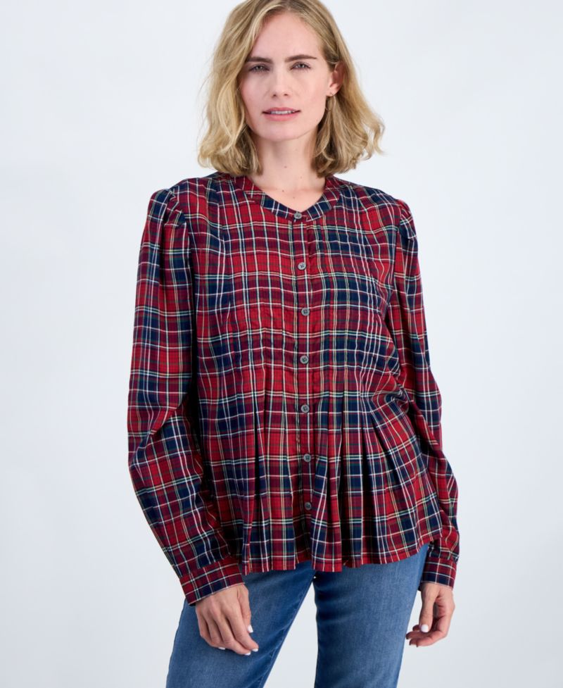 Petite Scott Plaid Button-Up Pleated Blouse